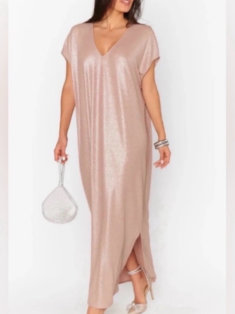 Show Me Your MuMu Shimmery Blush V-Neck Maxi Dress